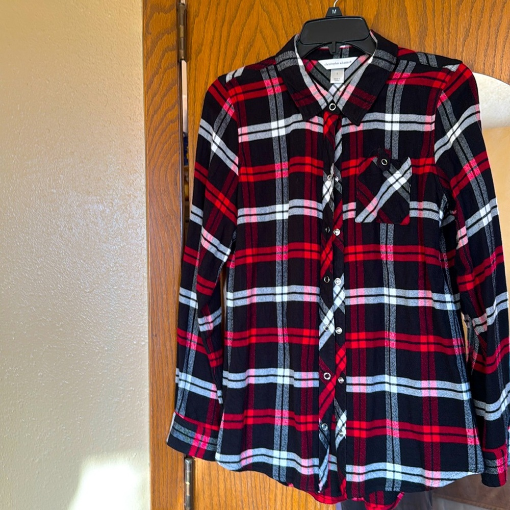 Christopher & Banks red, white, & black plaid snap shirt with collar, Sz S
